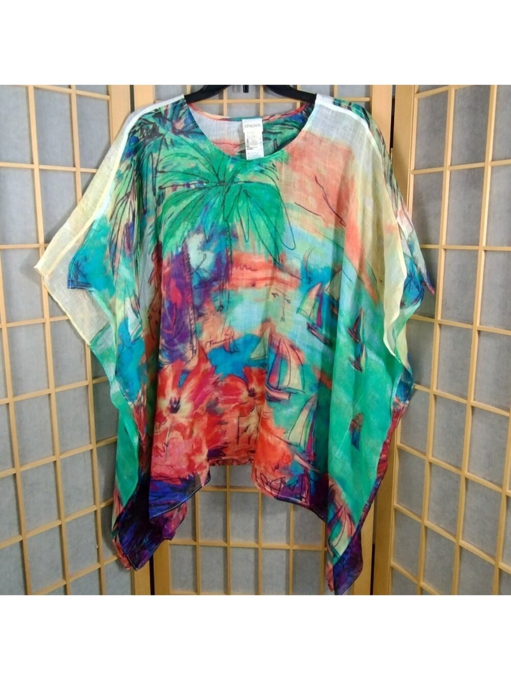 Chico's Tropical Sailboat Linen Poncho Top - Green Multi